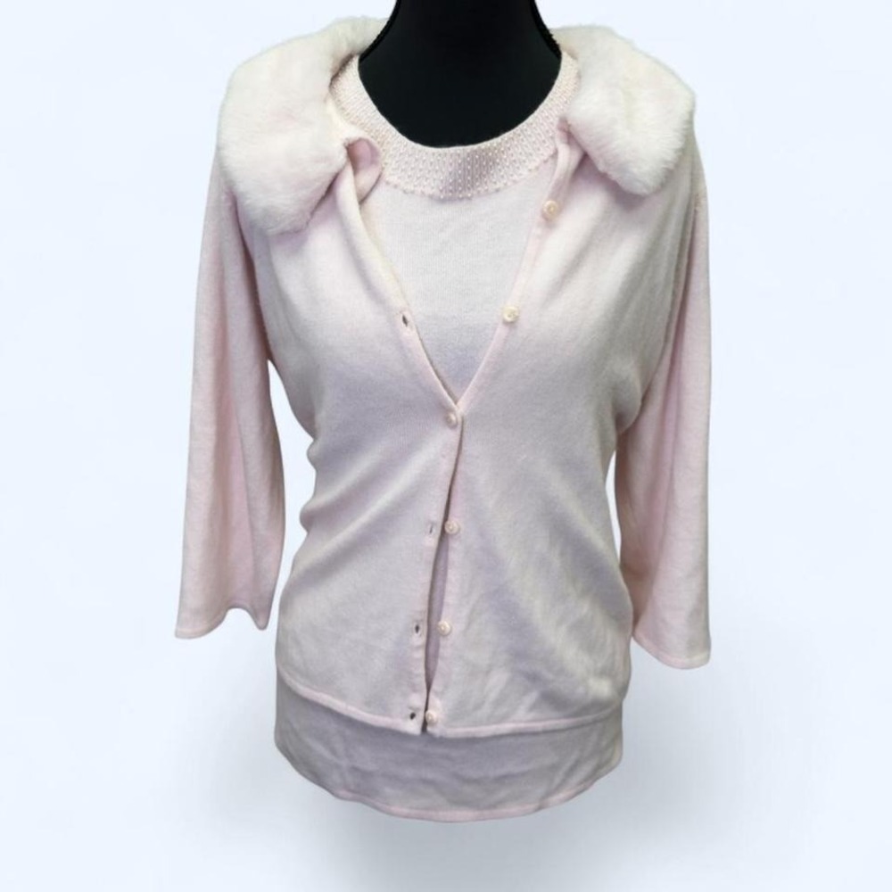 Vintage Y2K baby pink‎ DressBarn coquette twinset pearl beaded neckline